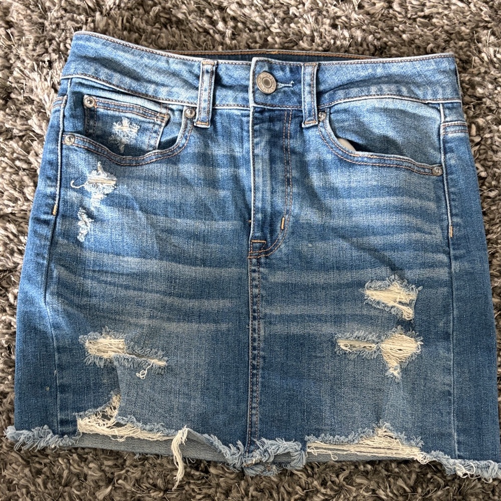 American Eagle Distressed Blue Denim Mini Skirt